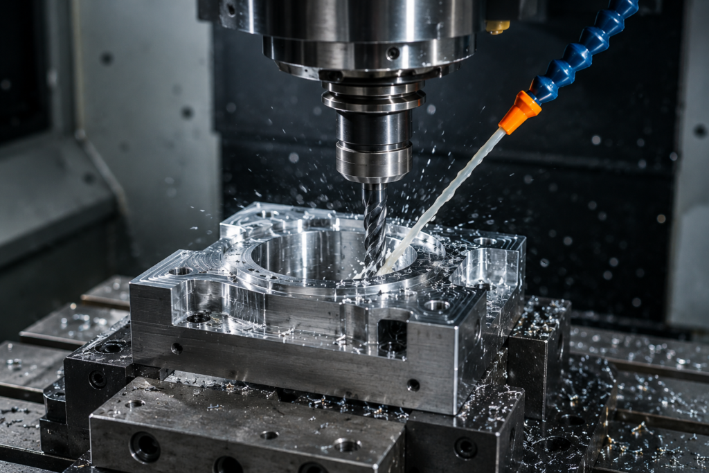 High-precision CNC milling machine machining a metal part at Gulf Precision Works