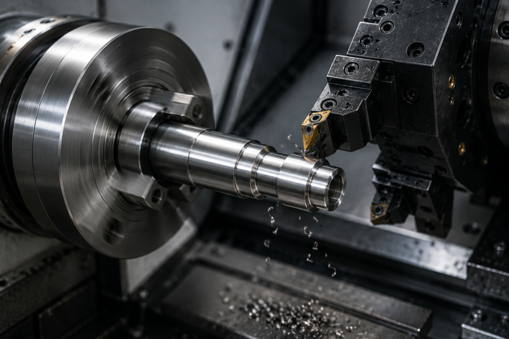 CNC lathe machine precision turning a cylindrical metal shaft component at Gulf Precision Works.