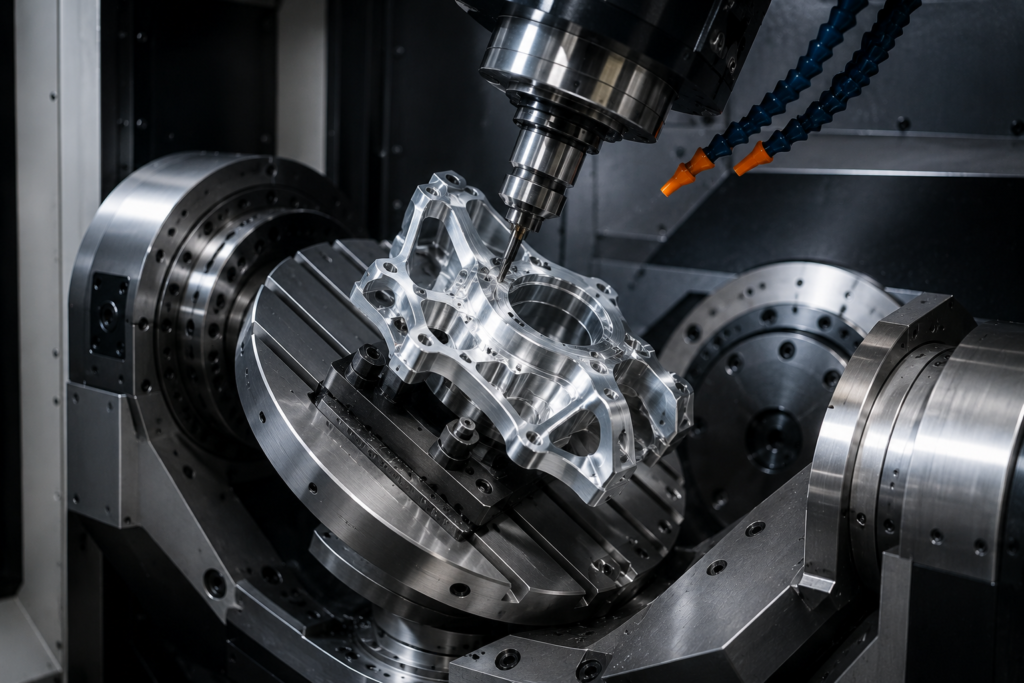 5-axis CNC machining center milling a complex precision metal part at Gulf Precision Works.