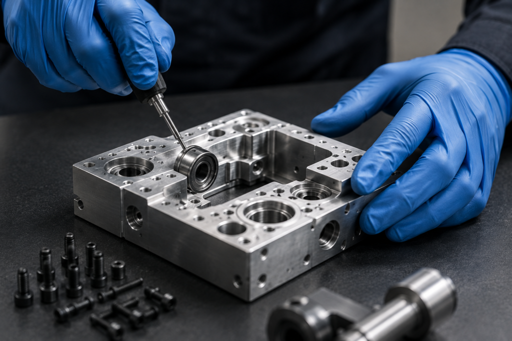 Technician in blue gloves meticulously assembling a precision metal component at Gulf Precision Works.