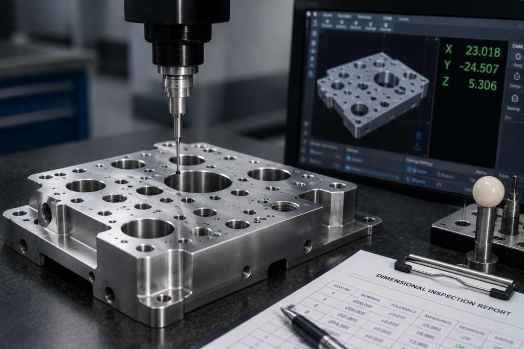 Precision coordinate measuring machine (CMM) probe inspecting a machined metal part at Gulf Precision Works.