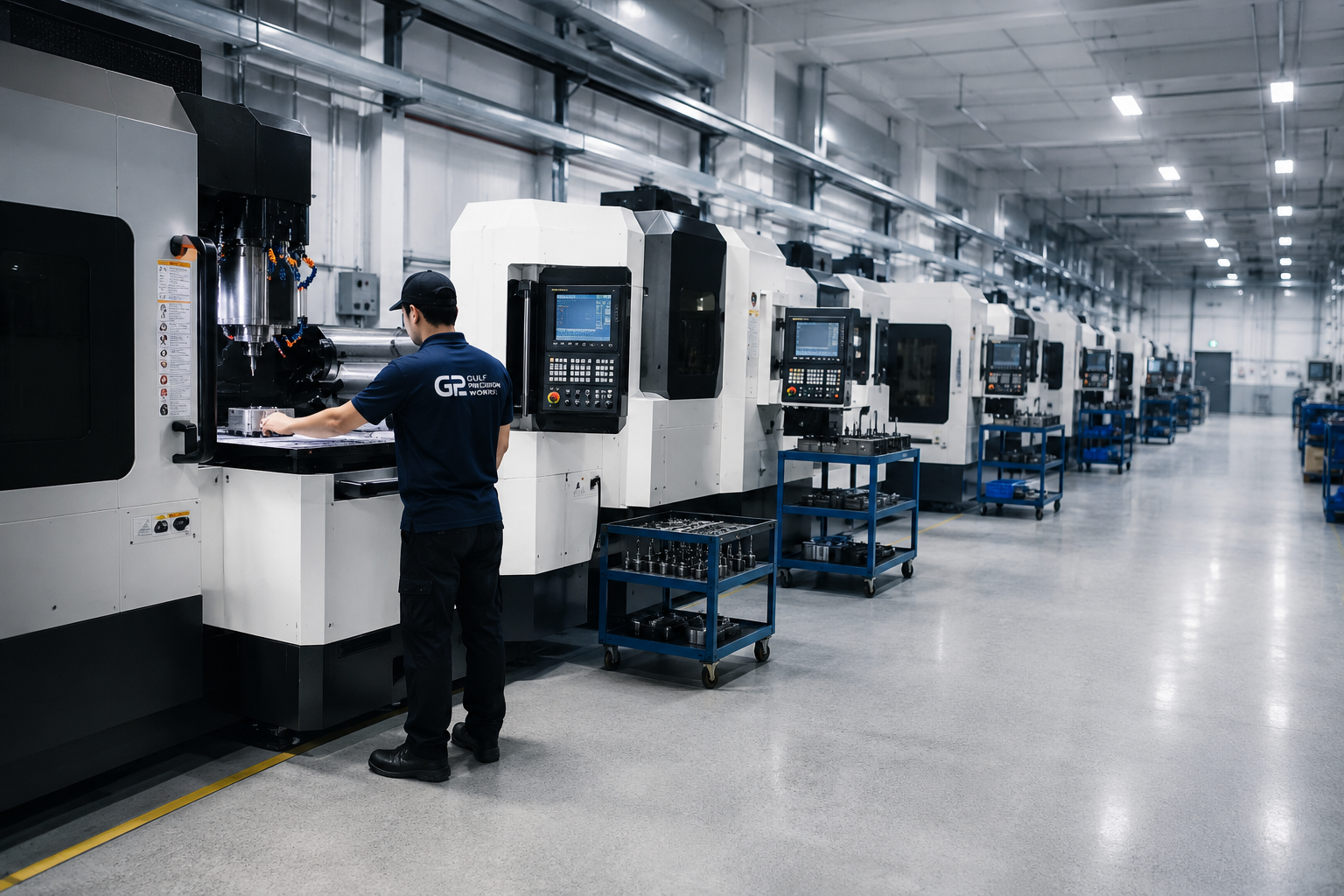 Modern CNC machining facility with advanced CNC milling machines and skilled operator manufacturing precision metal components.