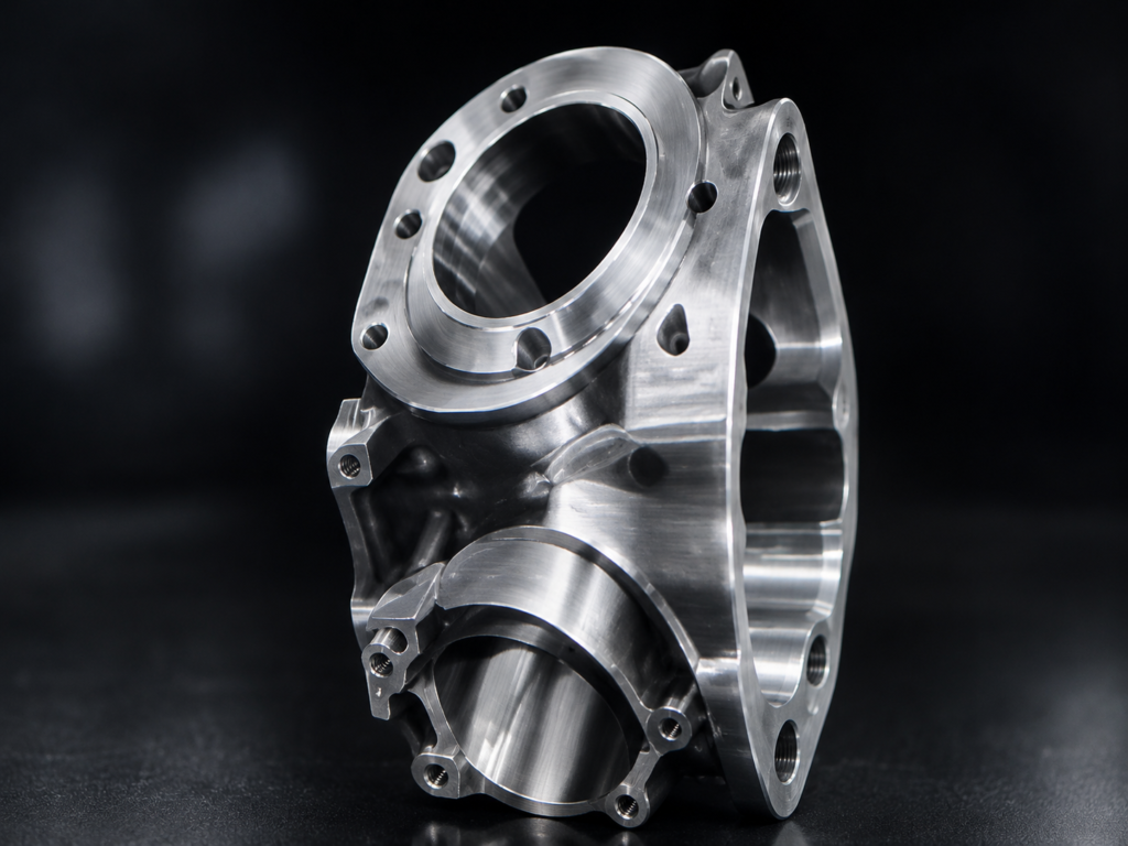 Precision CNC machined metal automotive housing component with circular flange on a dark background