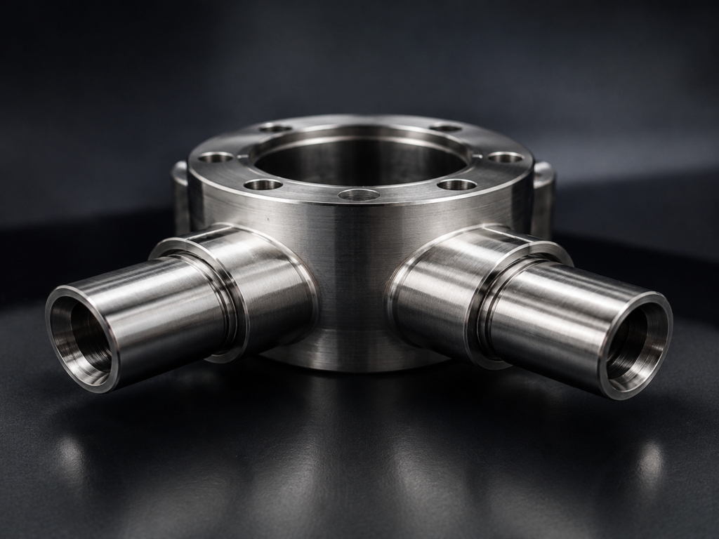 Precision CNC machined metal oil and gas valve body component with multi-port connections on a dark background