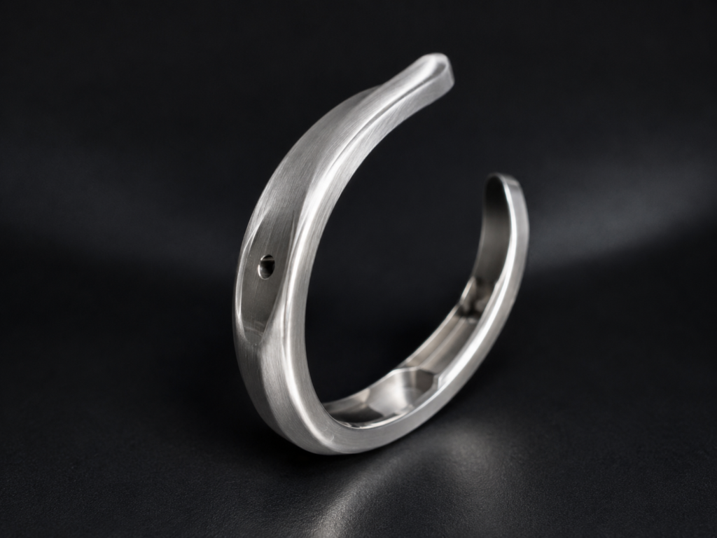 Precision CNC machined stainless steel medical instrument component with curved design on a dark background