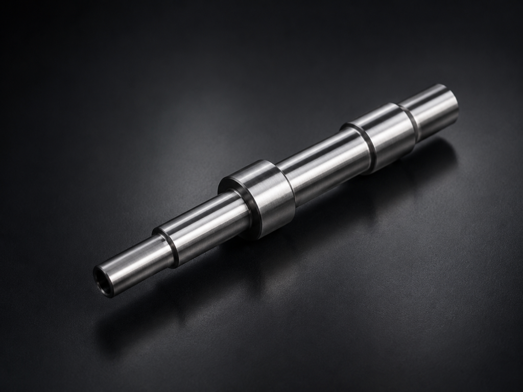 Precision CNC turned steel shaft component with stepped diameters on a dark background