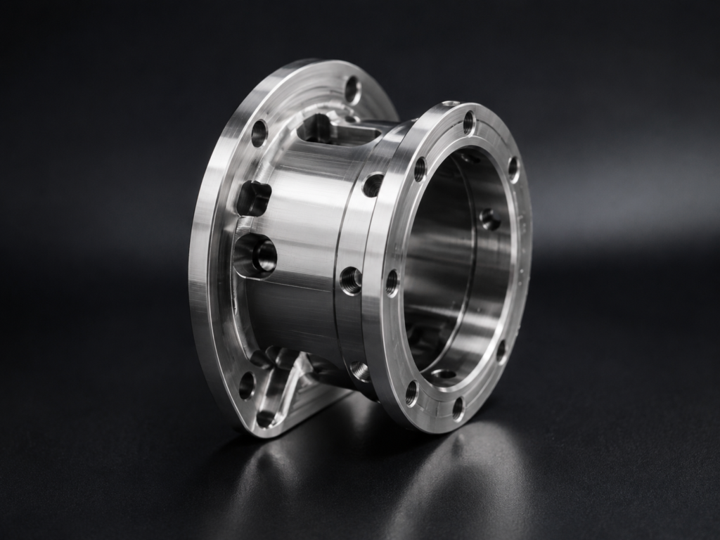 Precision CNC machined metal industrial gear housing with double flanged ends on a dark background