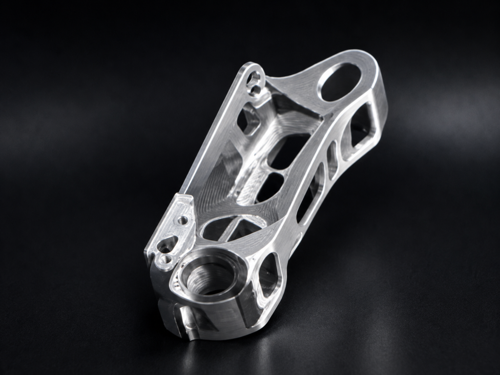 Precision CNC machined metal aerospace bracket against a dark background