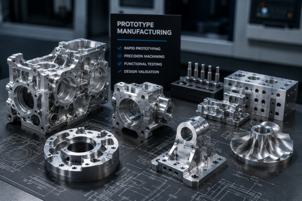 Collection of custom CNC machined metal prototype parts and components at Gulf Precision Works.