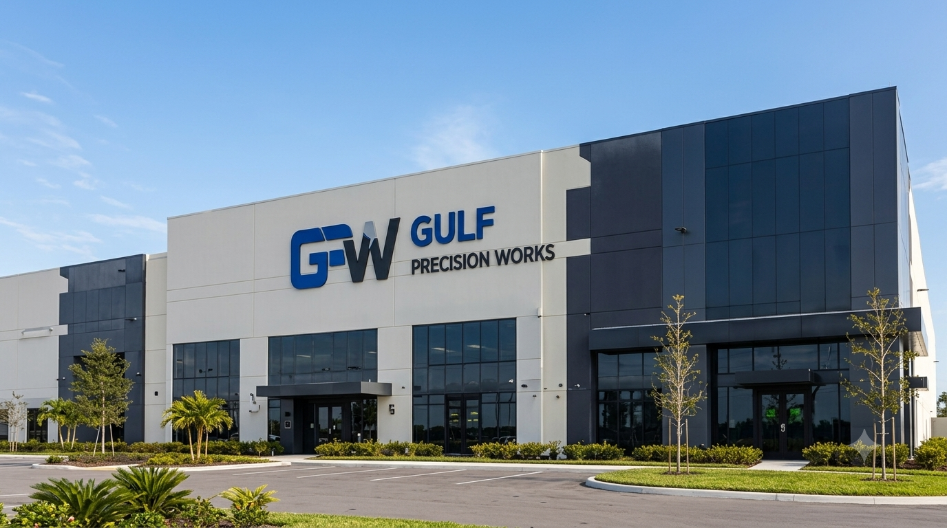 Modern exterior building of Gulf Precision Works manufacturing facility