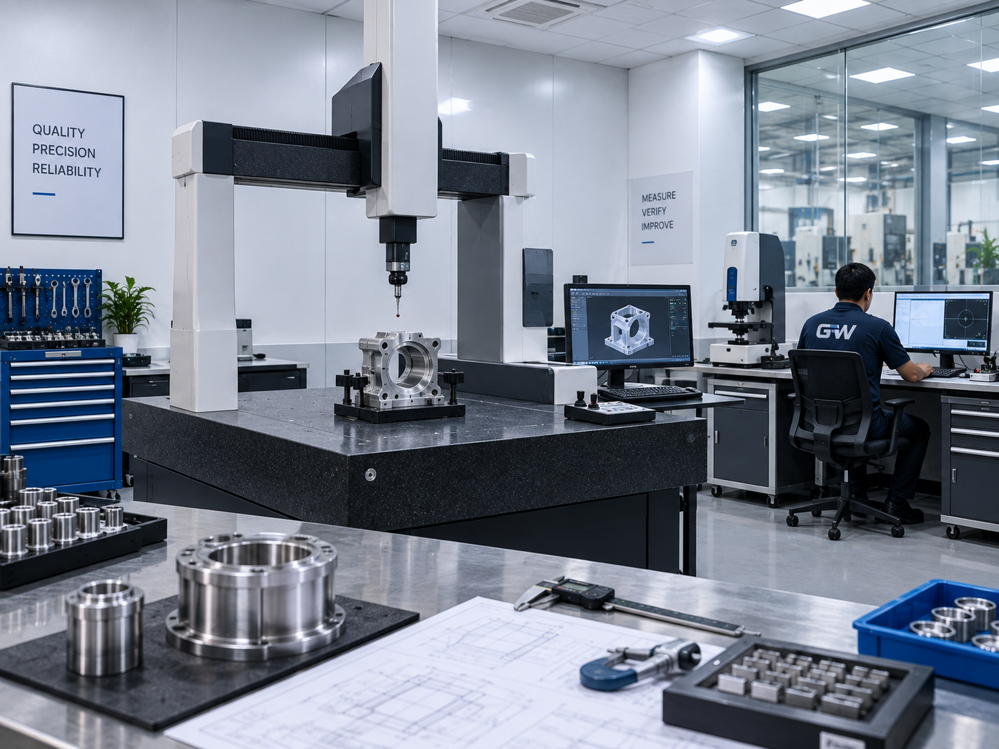 Precision quality inspection area for dimensional verification of machined components