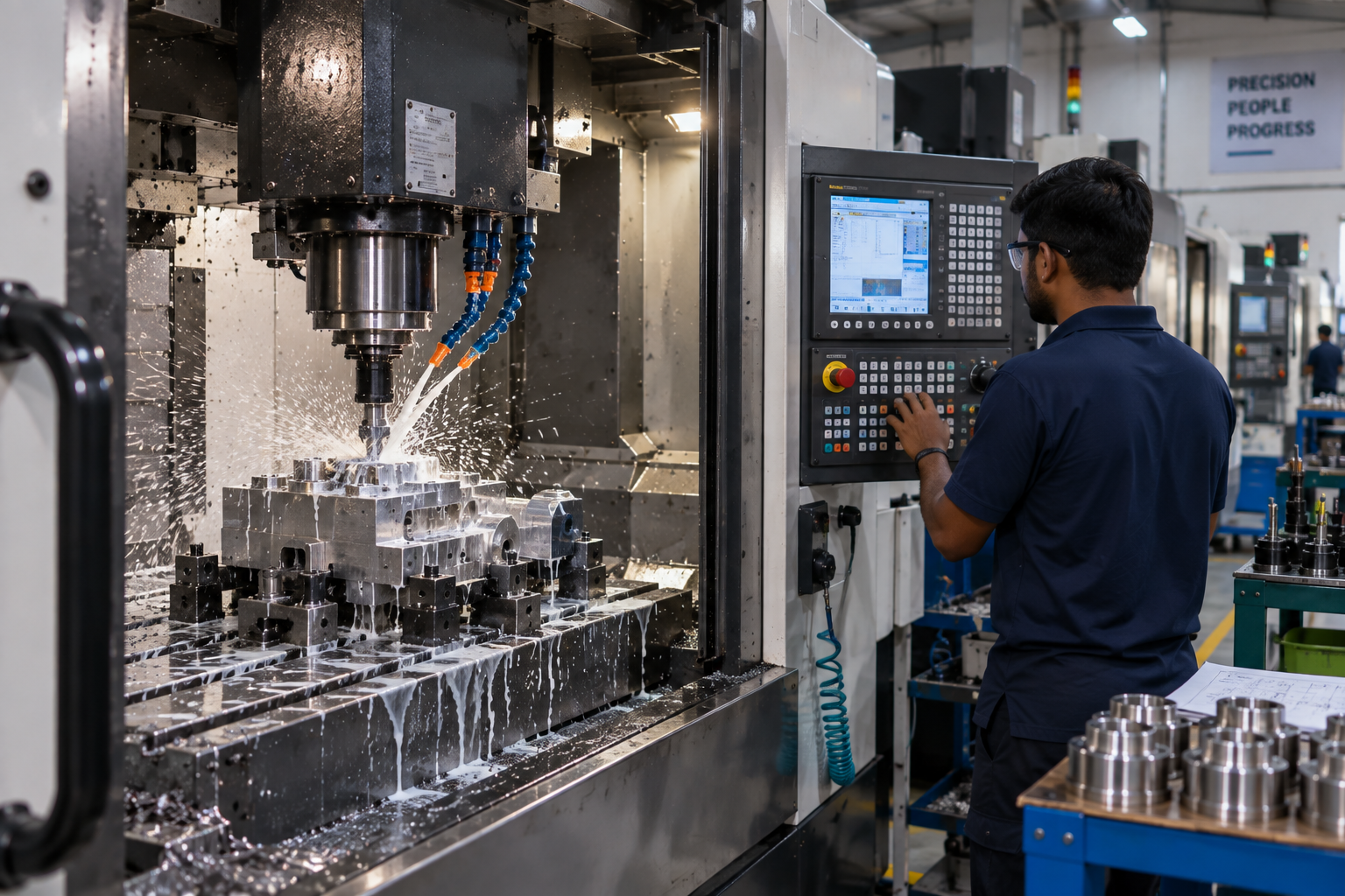 Modern CNC machining centre producing precision engineered metal components