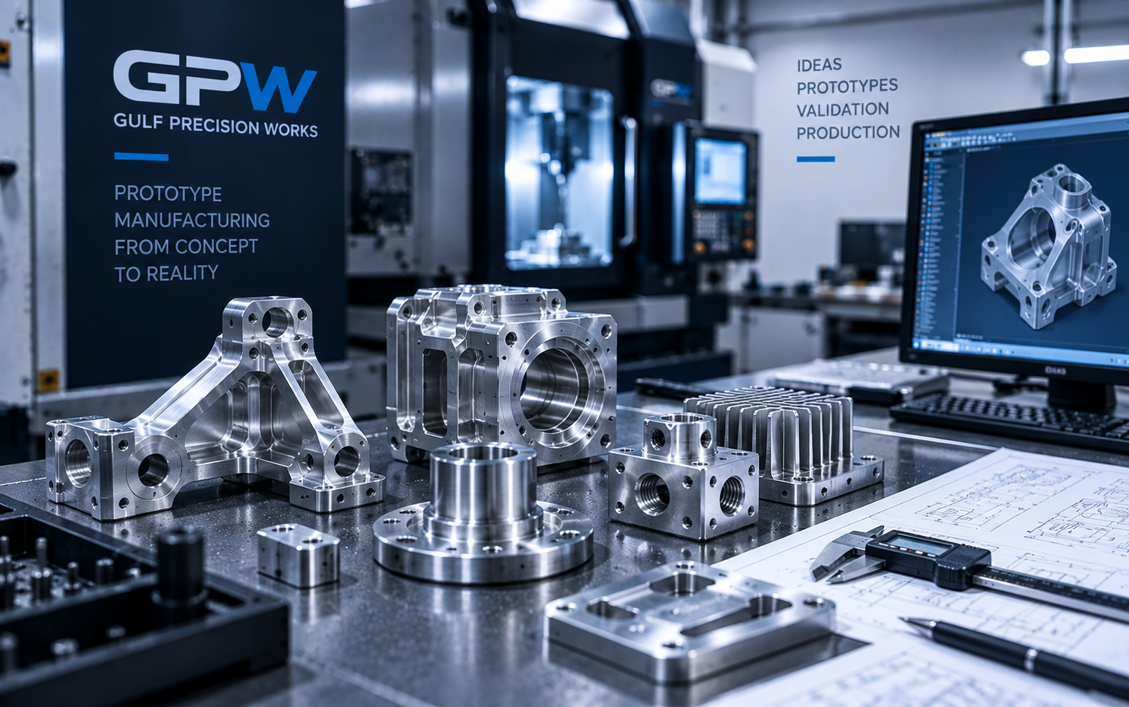 Prototype CNC machined components prepared for engineering evaluation