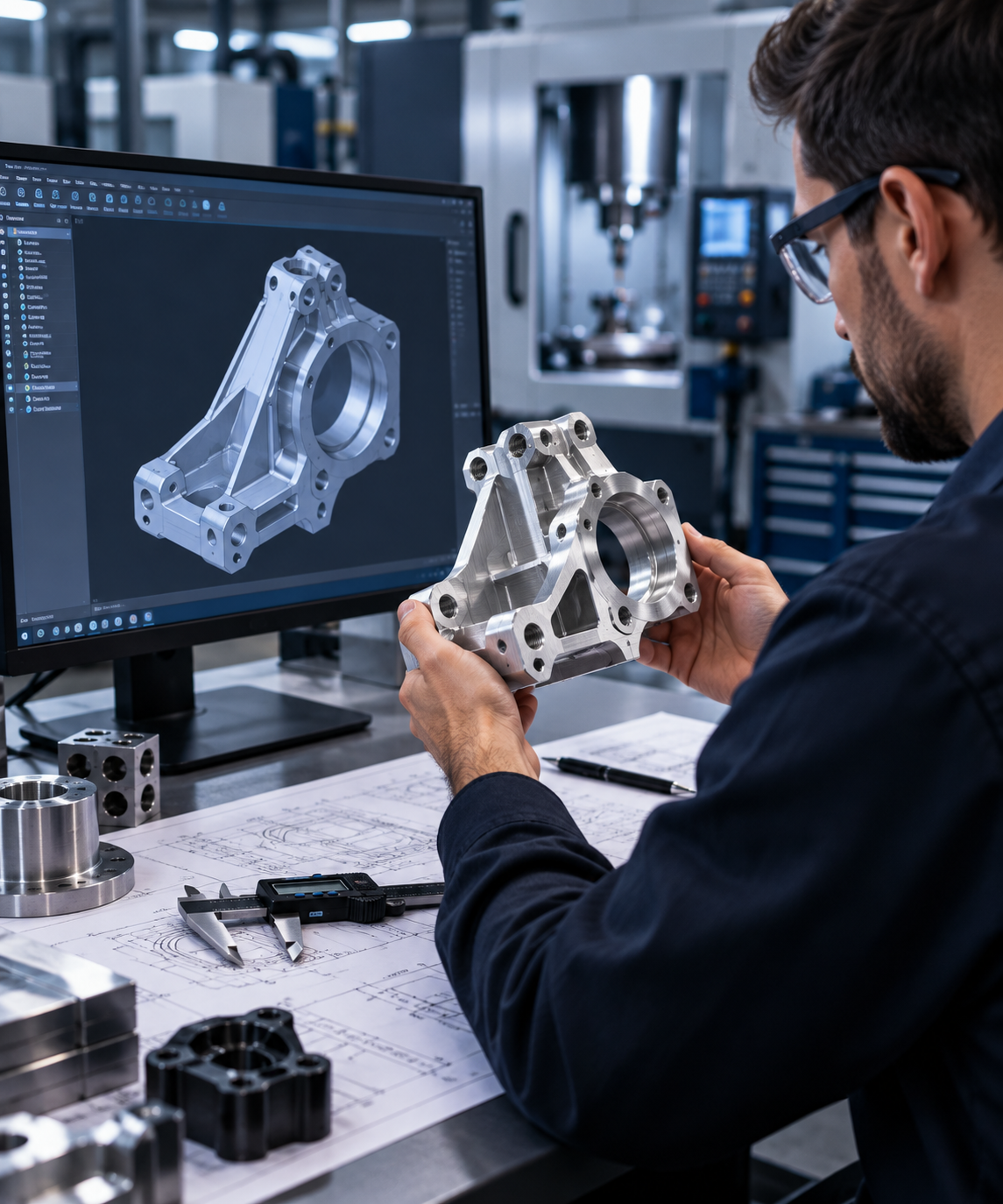 Engineer reviewing CNC prototype component and CAD model for design for manufacturability