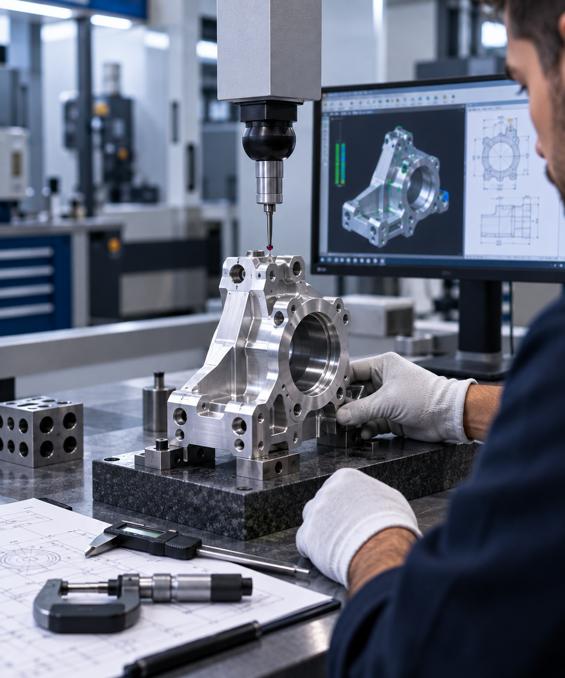 Dimensional inspection of a CNC-machined prototype component using precision measuring equipment