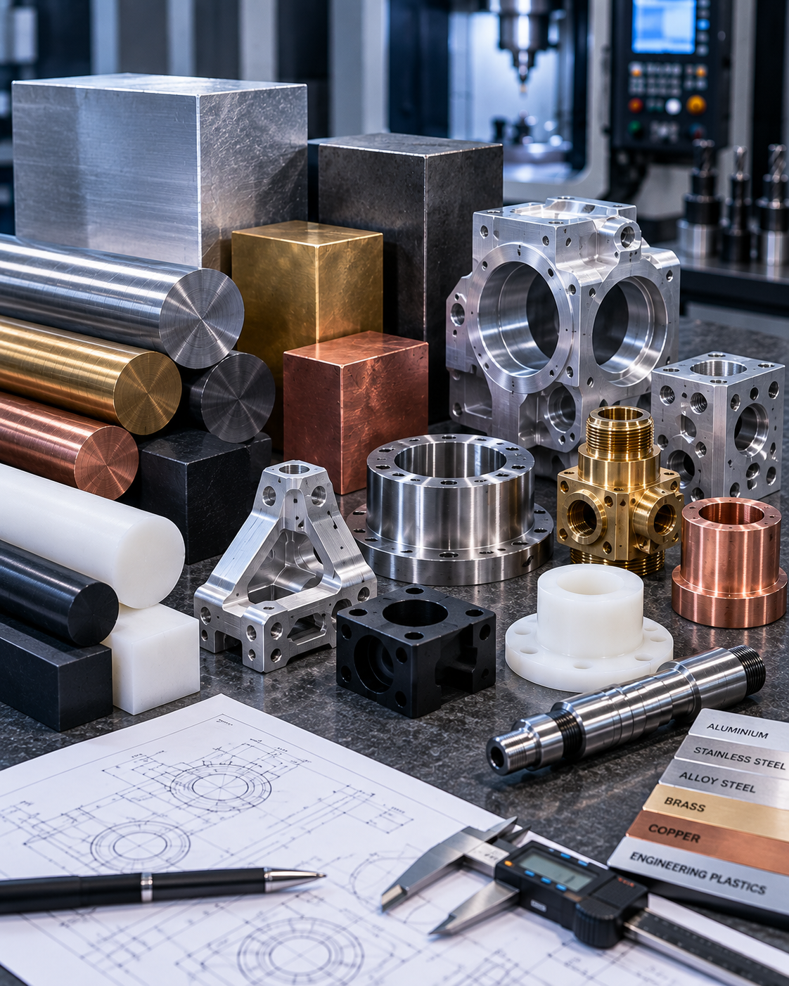 Engineering material samples and CNC-machined components in aluminium steel brass copper and engineering plastic