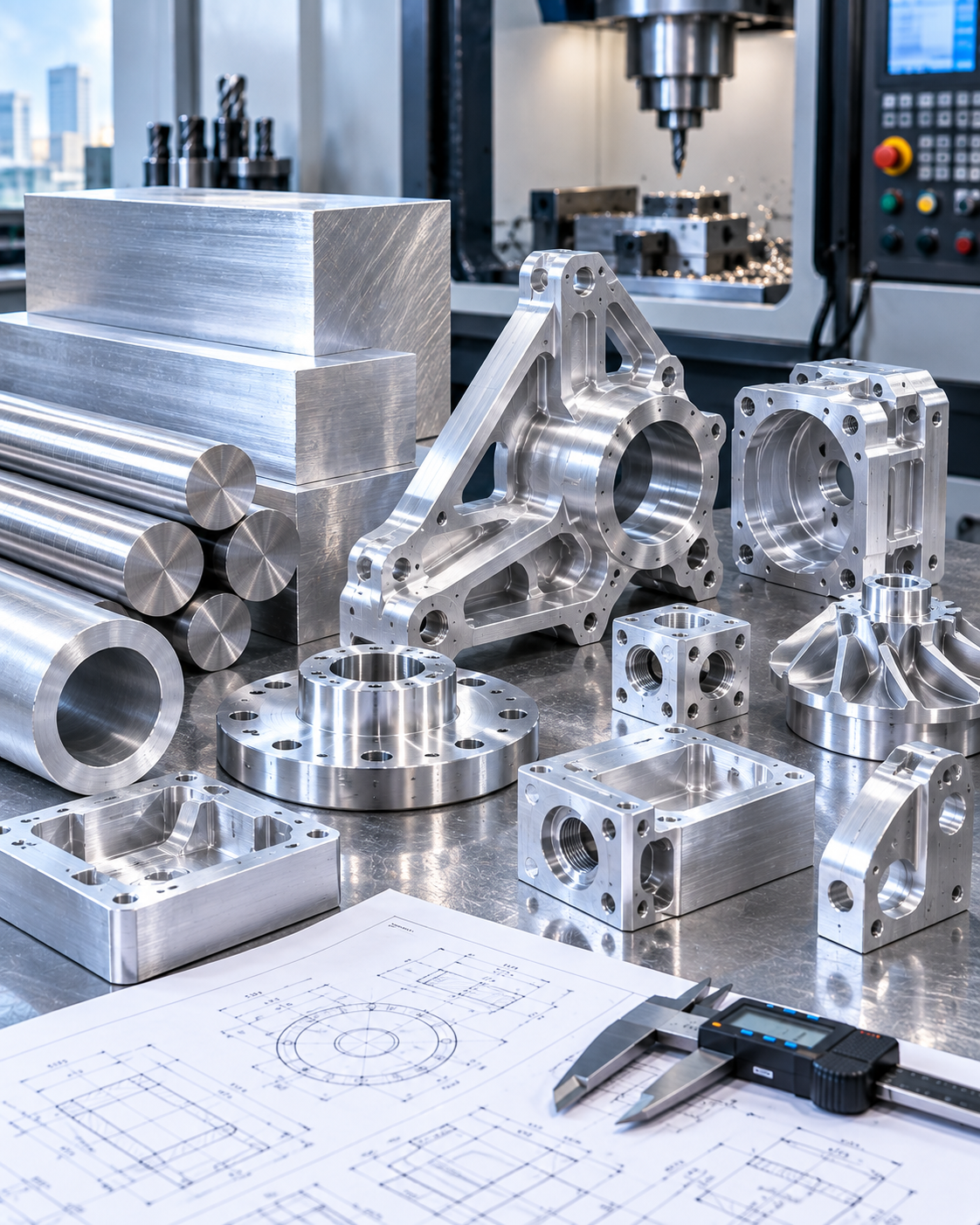 Precision CNC-machined aluminium components and aluminium material stock in a modern machining environment