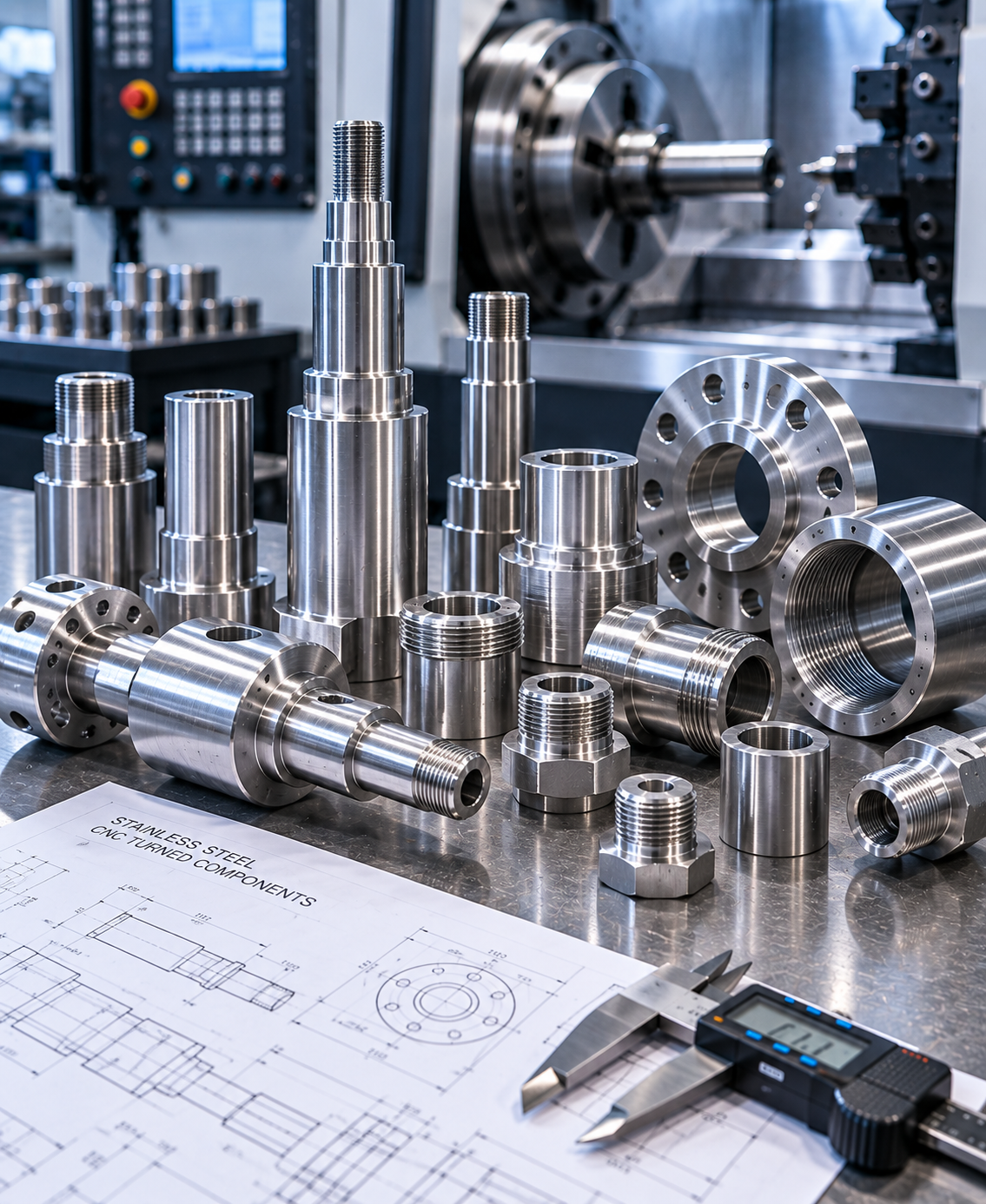 Precision CNC-turned stainless steel shafts bushings fittings and threaded components
