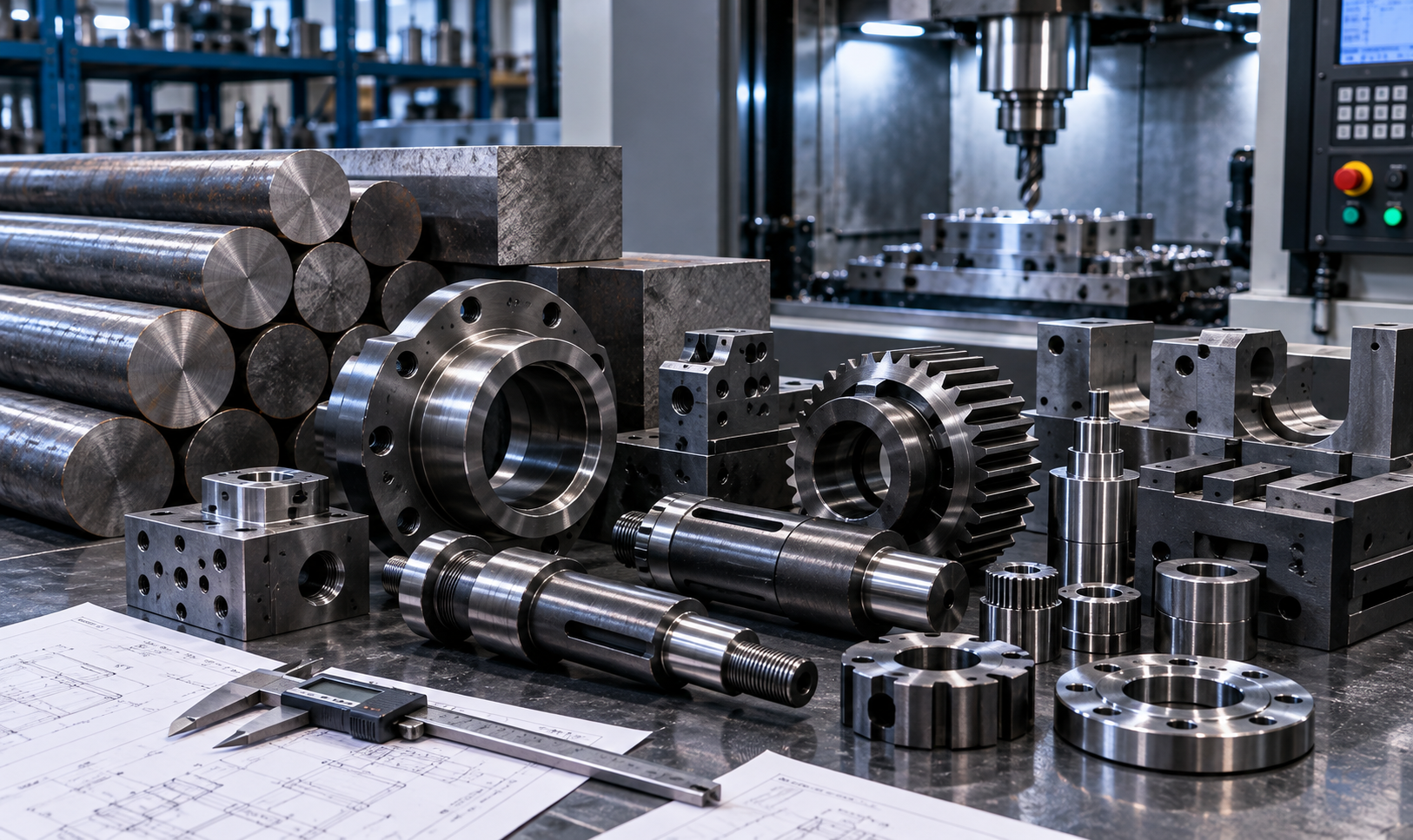 Carbon and alloy steel CNC-machined shafts tooling fixtures and mechanical components