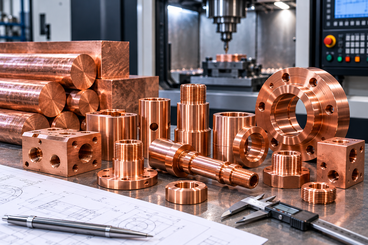 CNC-machined copper components and copper material stock for engineering applications
