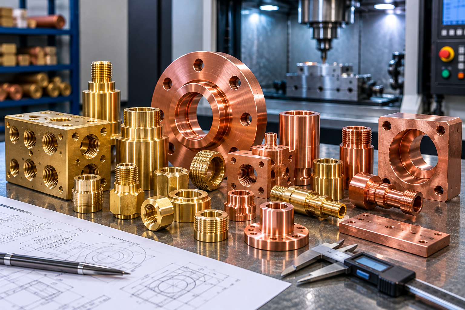 Brass and copper precision components including fittings connectors bushings and machined blocks