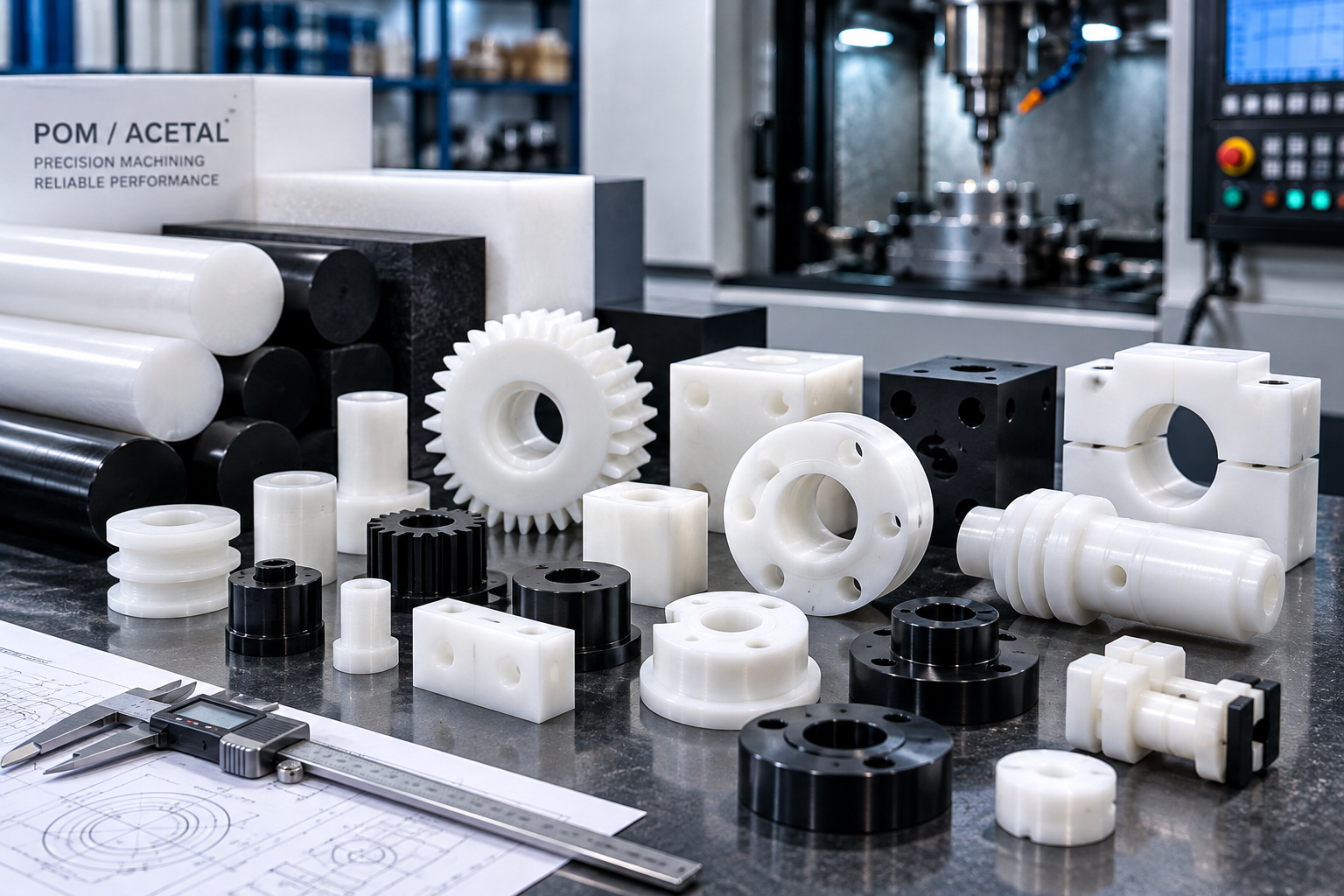 CNC-machined POM acetal components including bushings guides blocks and precision polymer parts