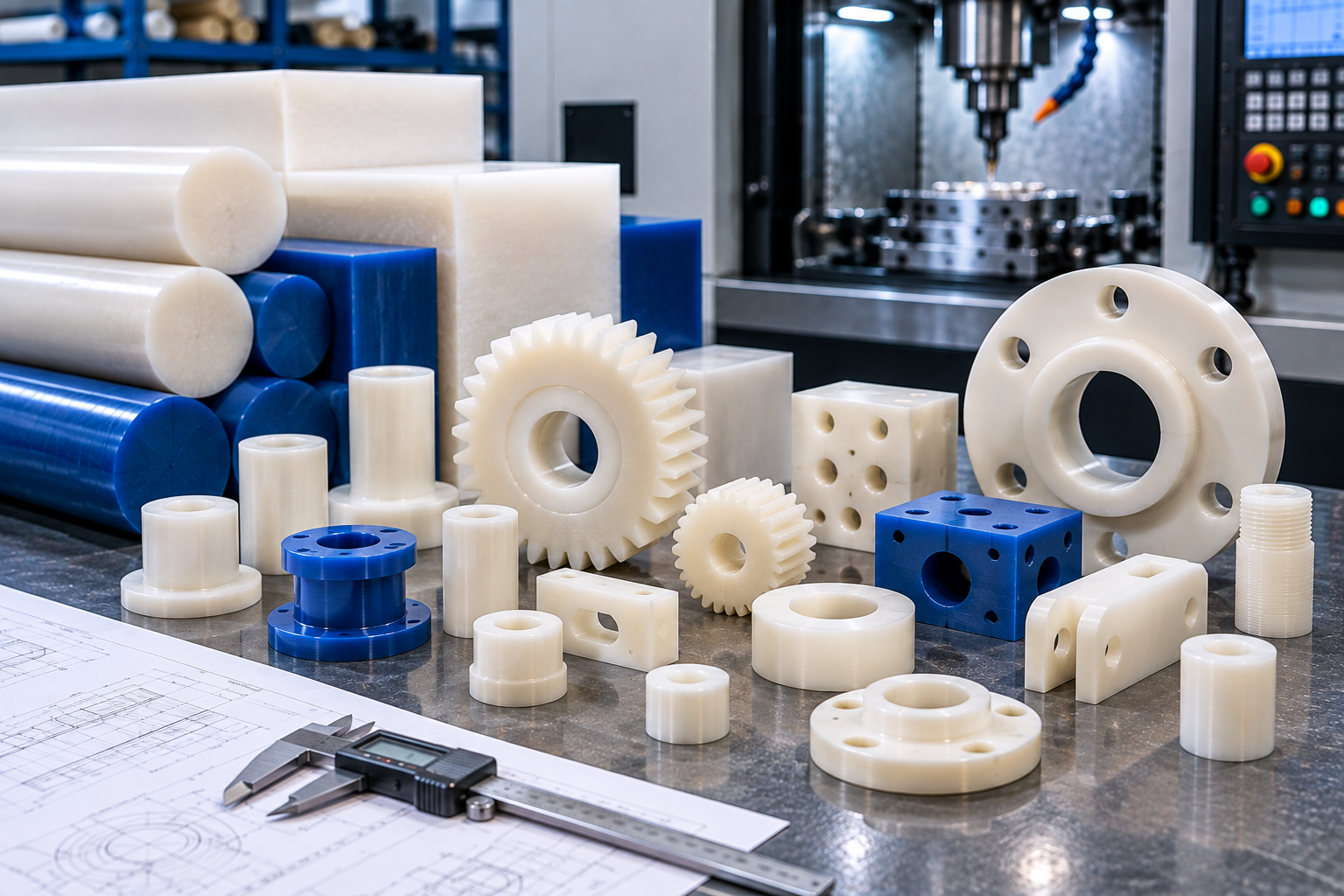 Precision CNC-machined nylon rollers bushings spacers gears and engineering components