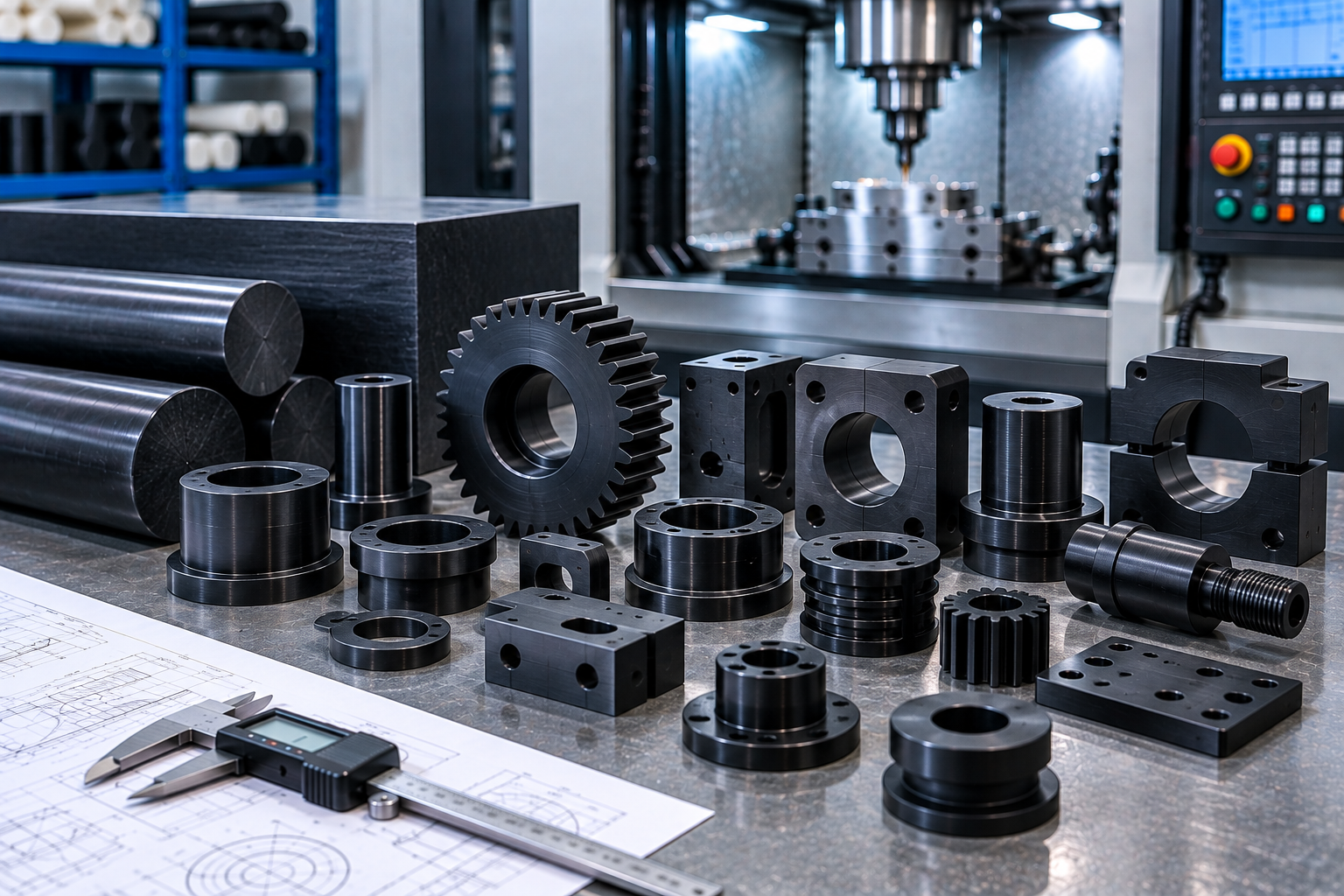 Black engineering plastic CNC-machined housings blocks bushings and precision components