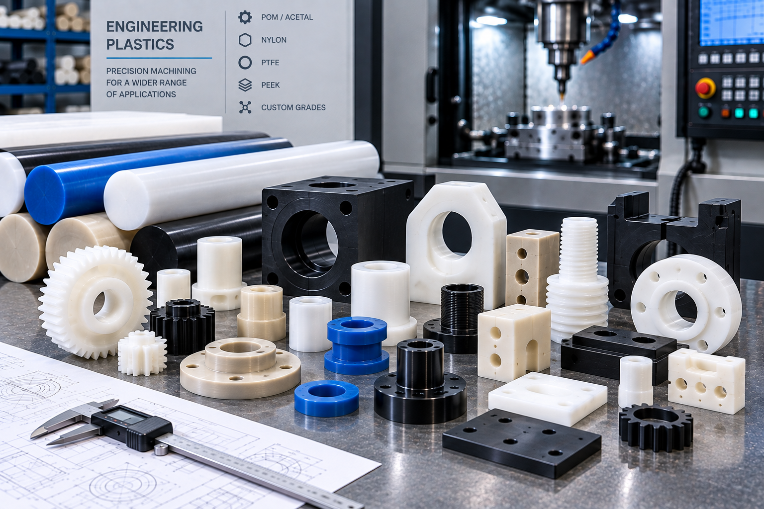 Mixed CNC-machined engineering plastic components in white black and natural polymer materials