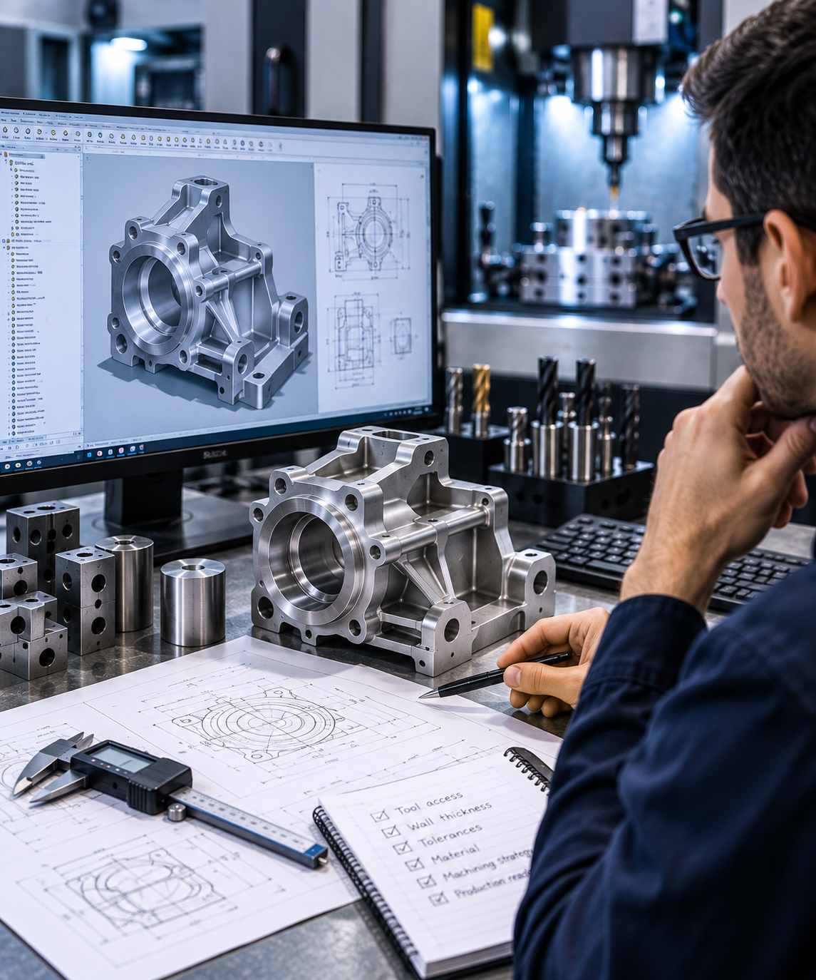 Engineer reviewing CAD geometry and a CNC-machined component during design for manufacturing analysis