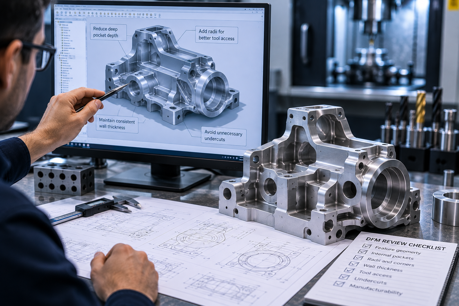 CAD geometry and CNC-machined component reviewed for design for manufacturing