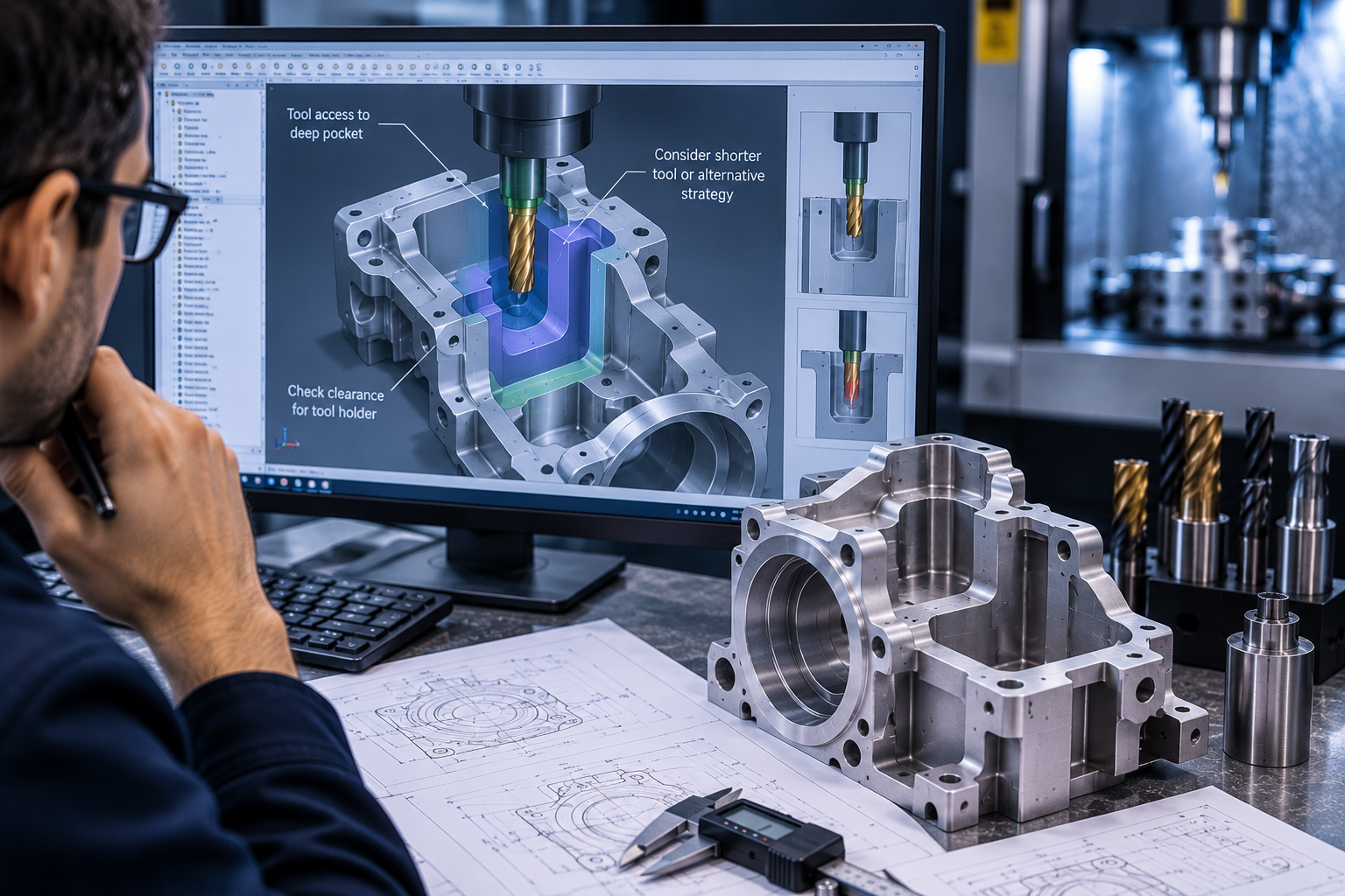 CNC cutting tool access review for deep pockets and complex component geometry
