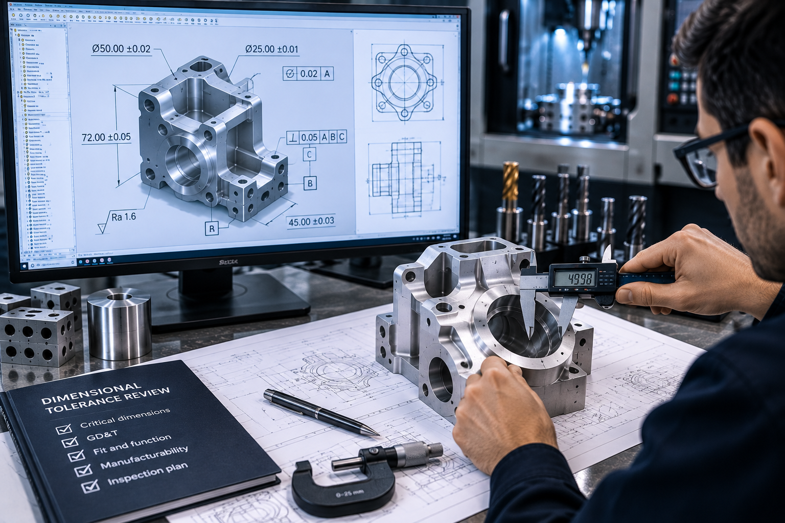 Engineer reviewing critical dimensions and tolerances on a CNC component drawing