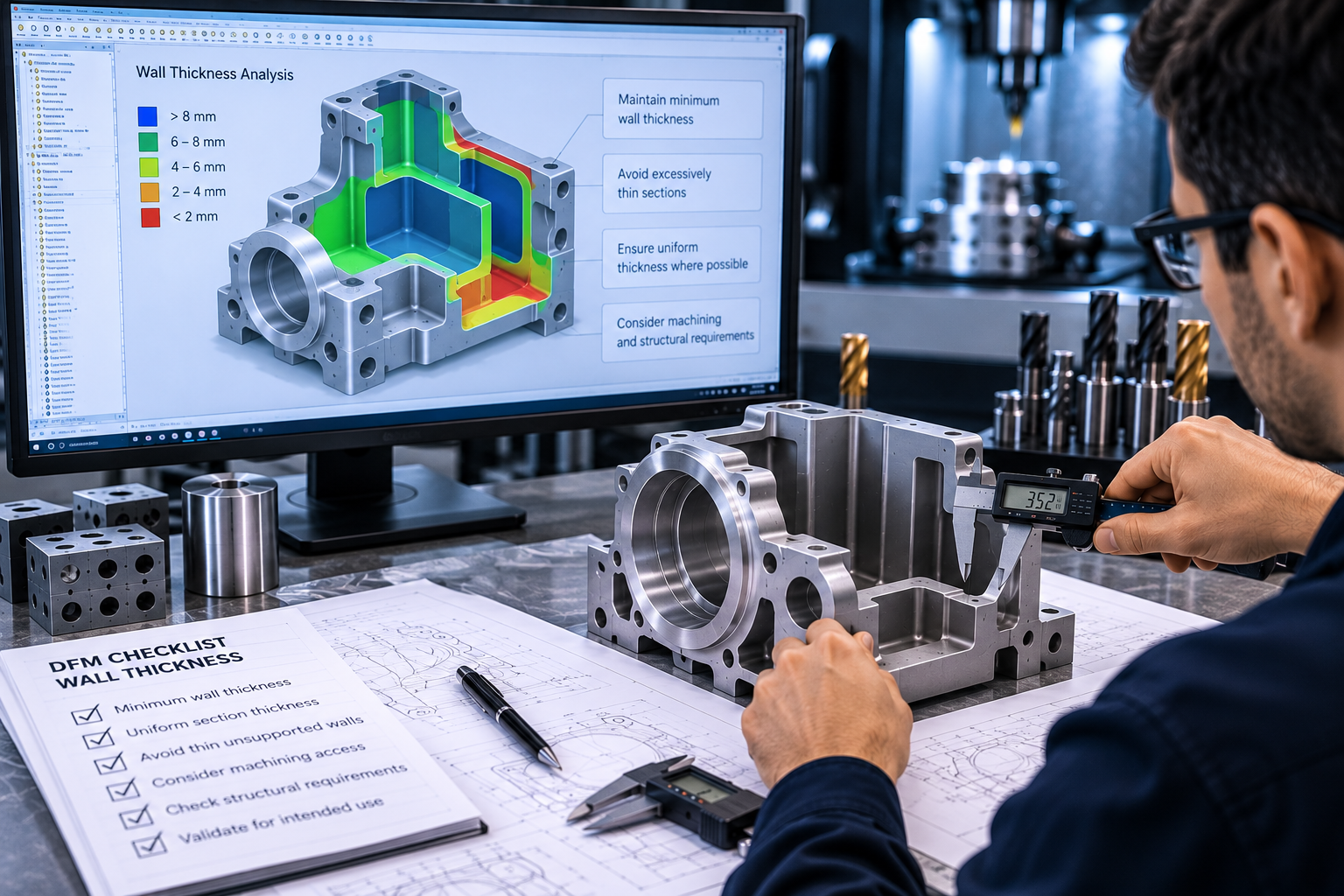 Thin wall CNC-machined component reviewed for wall thickness and structural manufacturability