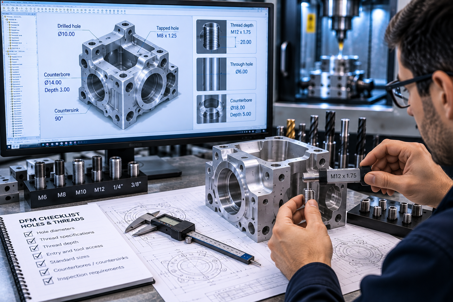 CNC component holes threads and internal features reviewed for manufacturability