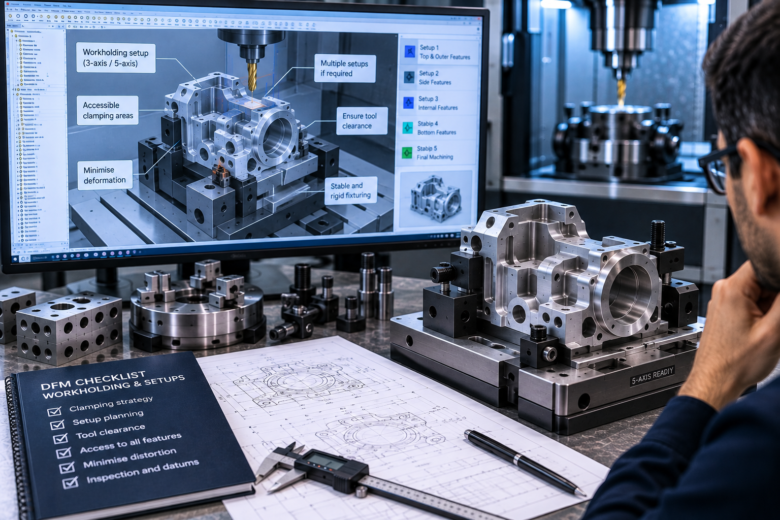 CNC fixture and workholding strategy reviewed for machining setups