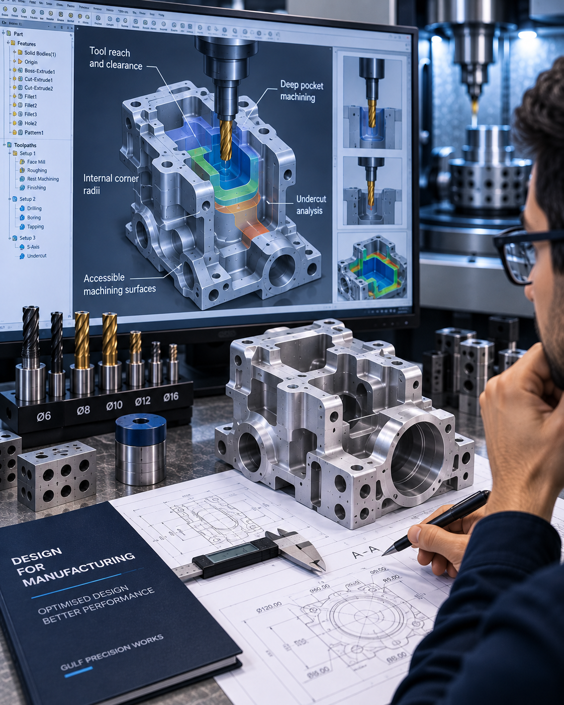 Engineer reviewing CNC geometry tool access deep pockets radii and machining reach on a complex component
