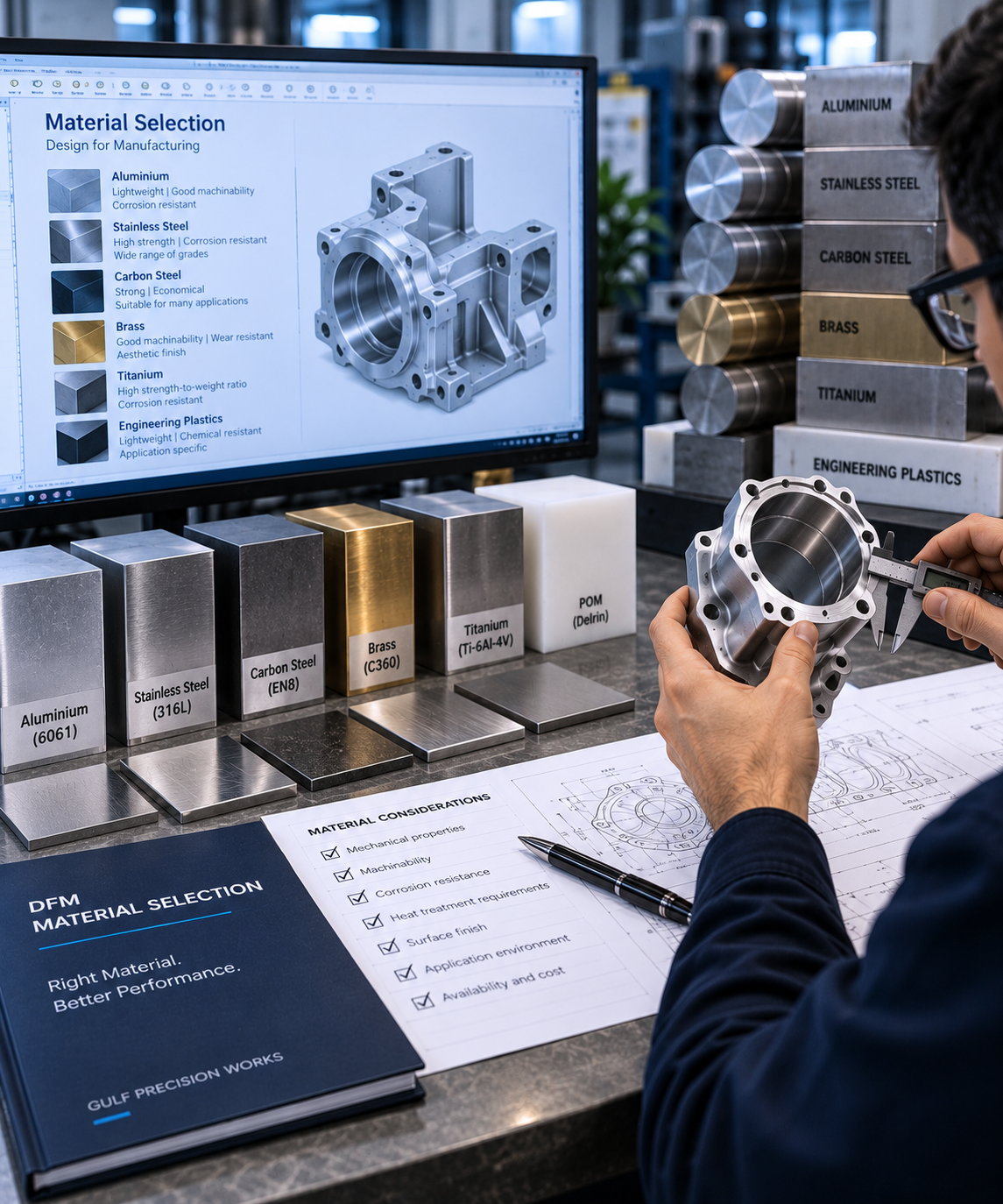 Engineer reviewing engineering material options for a CNC machined component during DFM assessment