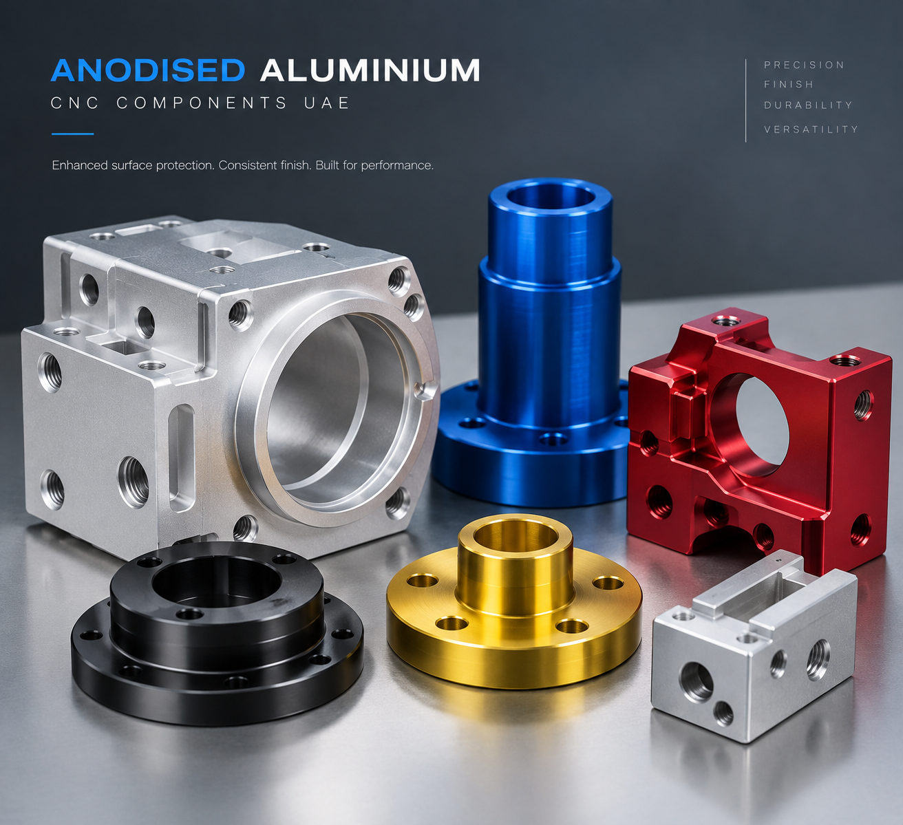 Anodised aluminium CNC machined components with protective coloured surface finish