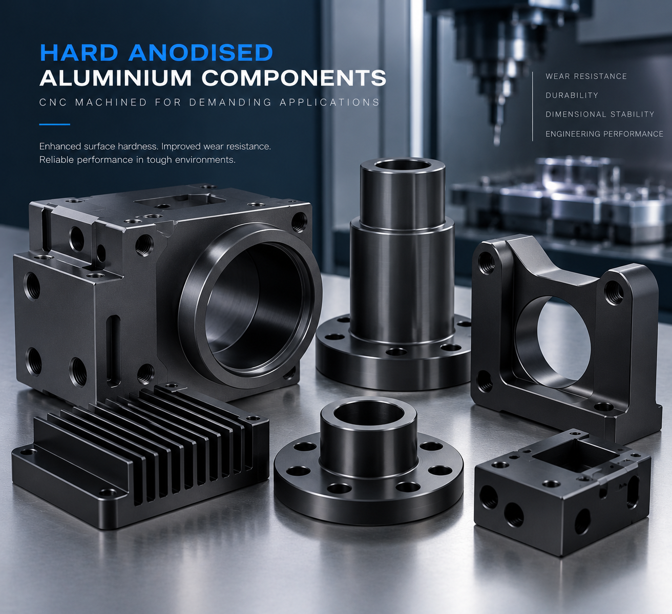 Hard anodised aluminium CNC components with dark wear resistant surface finish