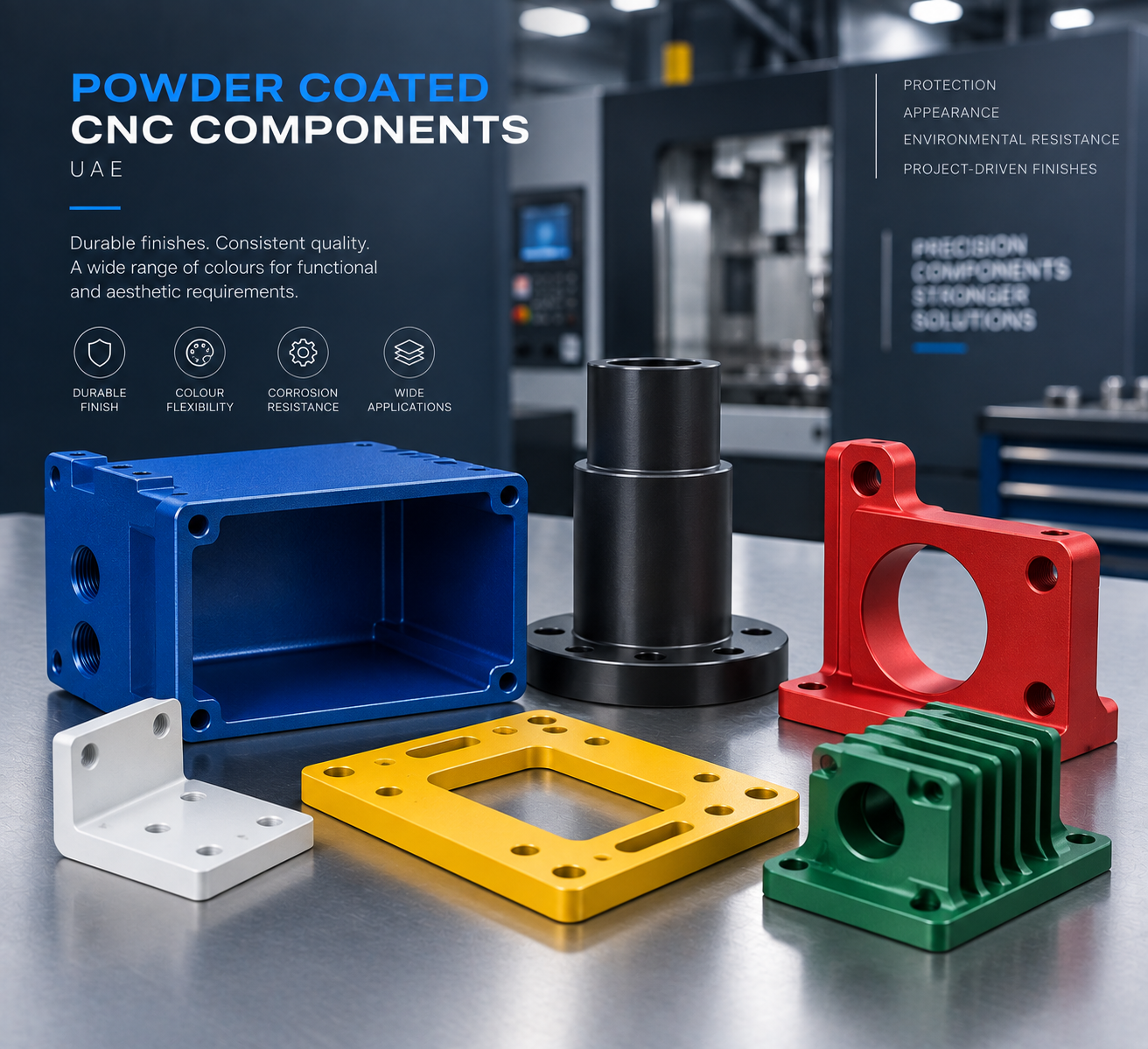 Powder coated CNC machined components with protective coloured finish