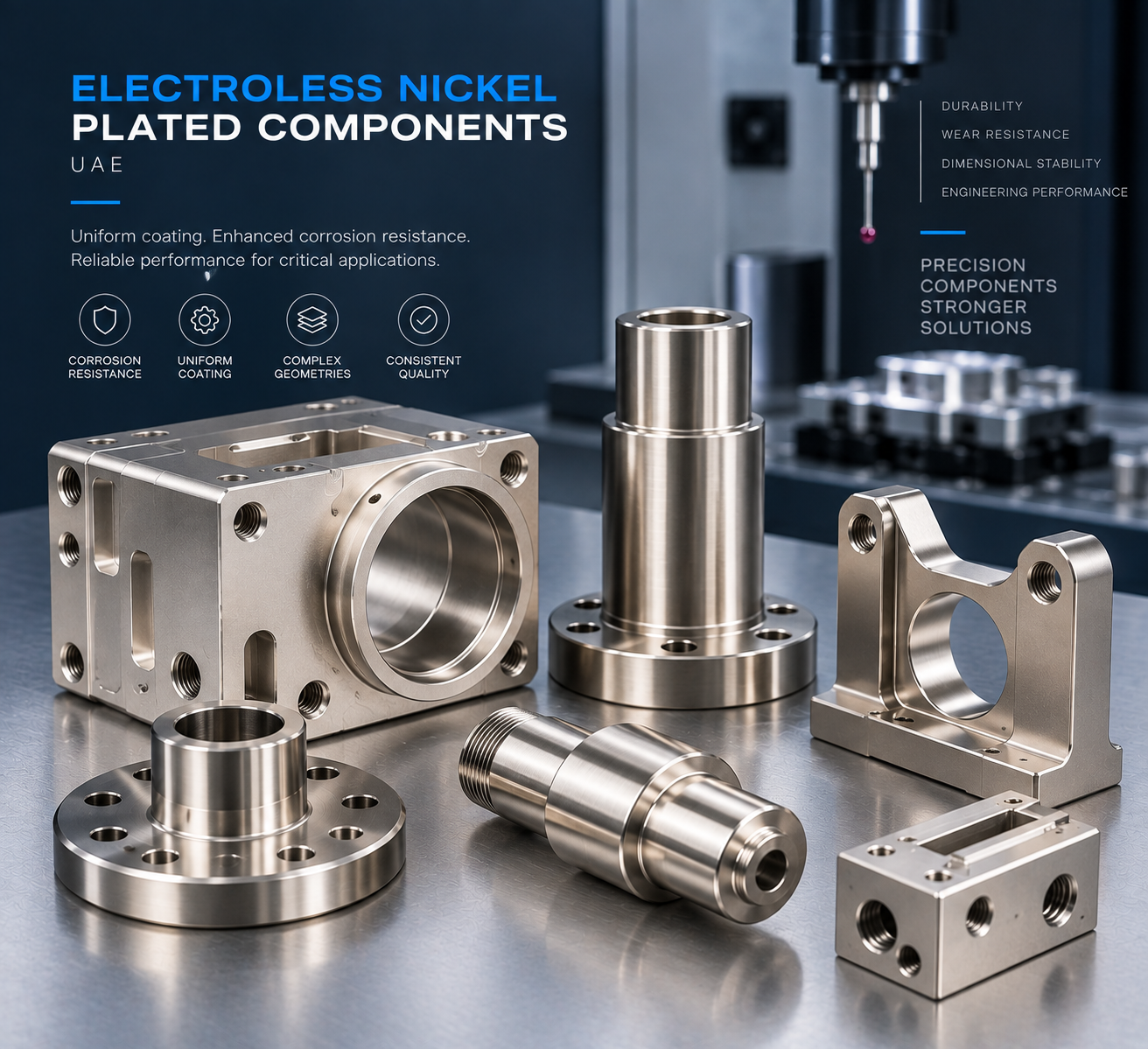 Electroless nickel plated precision CNC components with metallic protective surface