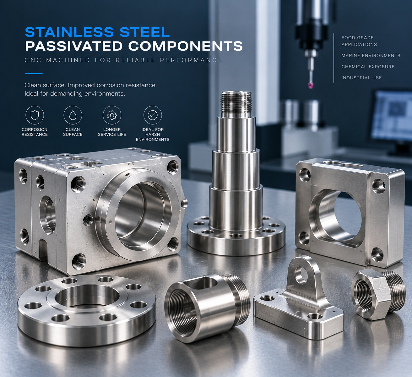 Passivated stainless steel CNC machined components with clean metallic surface finish