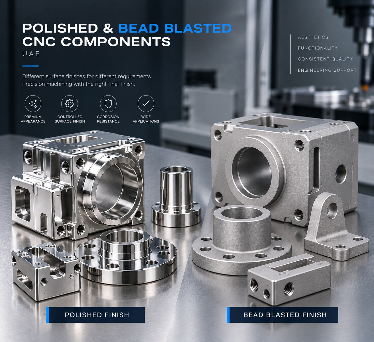 Polished and bead blasted precision CNC machined components with contrasting surface textures