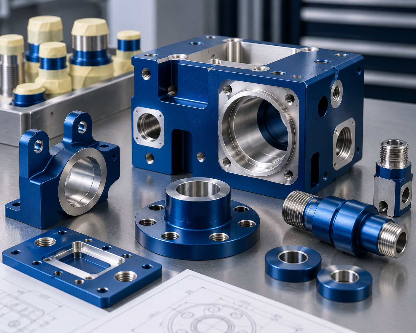 Anodised CNC component showing masked bores threads and critical dimensional features