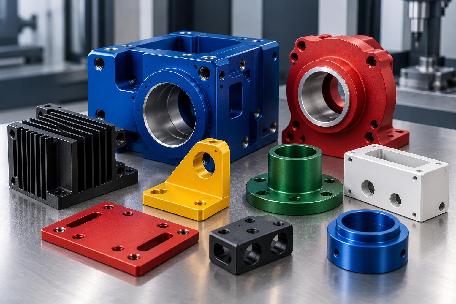 Powder coated CNC machined housings brackets flanges and precision components with coloured protective finishes