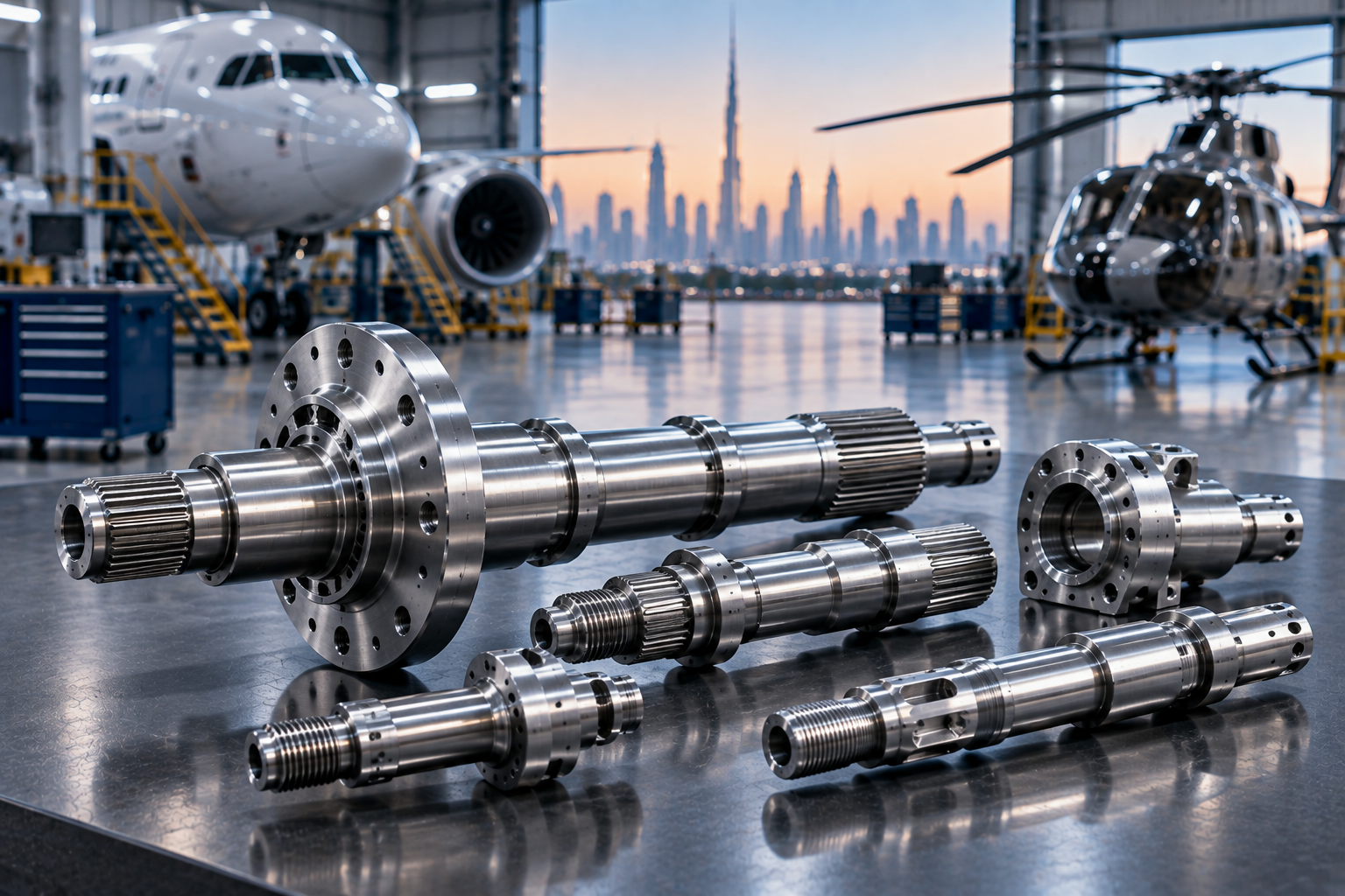 Precision CNC turned aerospace shafts and cylindrical components for aviation projects in Dubai and the UAE