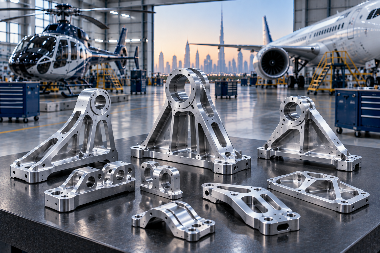 Precision CNC machined aerospace brackets and mounting components for aviation engineering projects in Dubai and the UAE