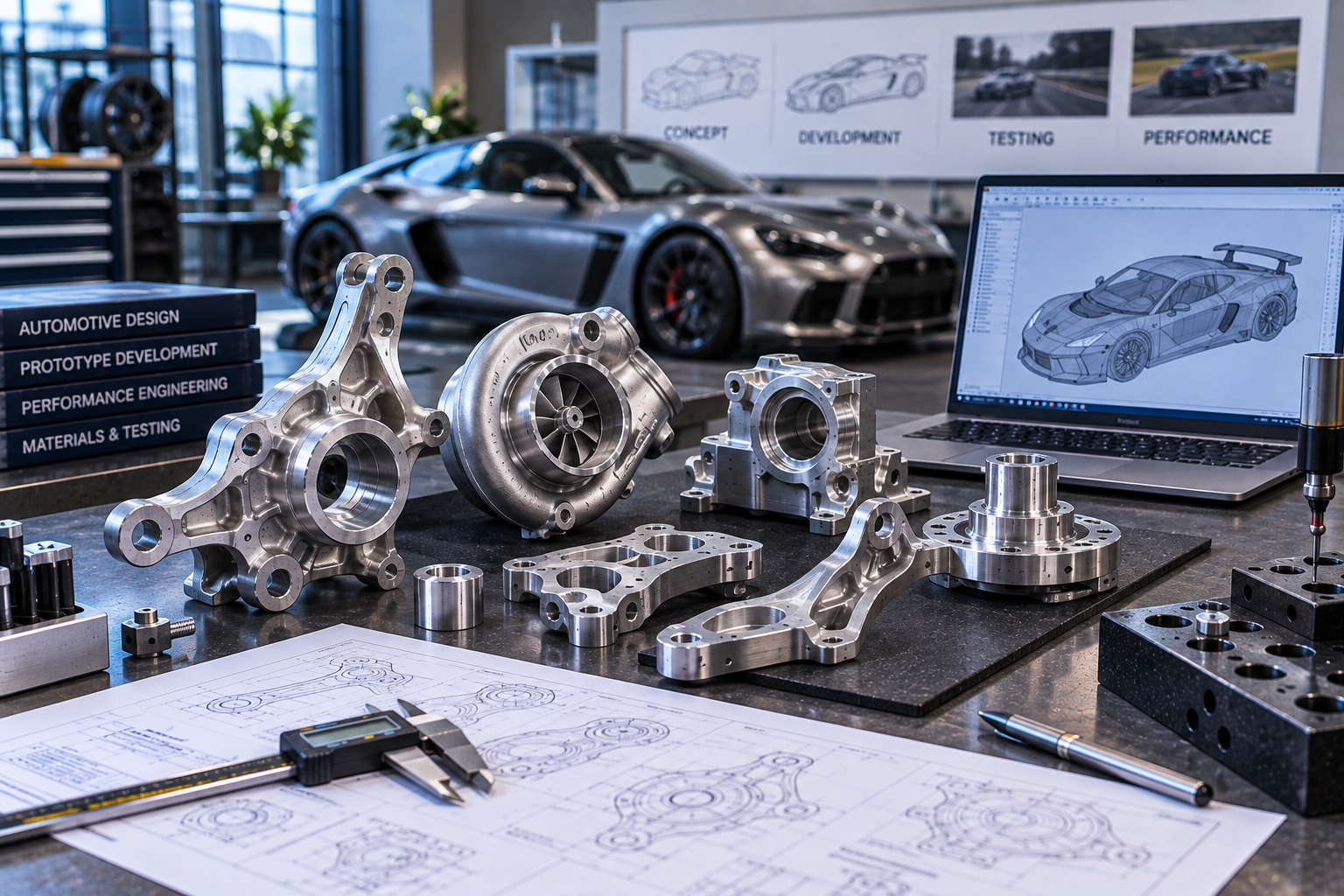 Prototype automotive CNC components displayed with engineering drawings inspection tools and vehicle development context