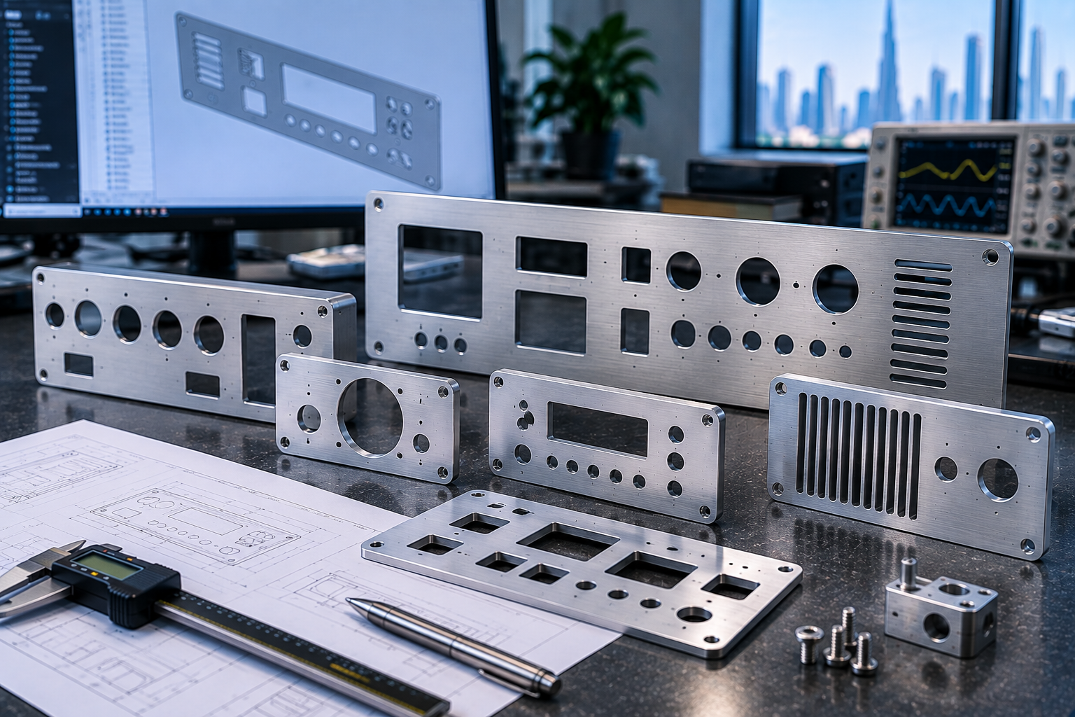 Precision CNC-machined electronics front panels with connector openings and control interfaces for Dubai and UAE projects